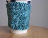 Knit Cup Cozy Aqua Double Cable Vegan Coffee Cup Cozy Knit Coffee Sleeve