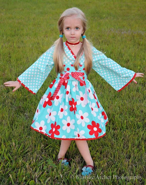 Girls Kyoko  Dress - Daisies in Aqua -  sizes 12-24 months, 2t, 3t, 4t, 5t, 6t, 7...by SunLoveShirts