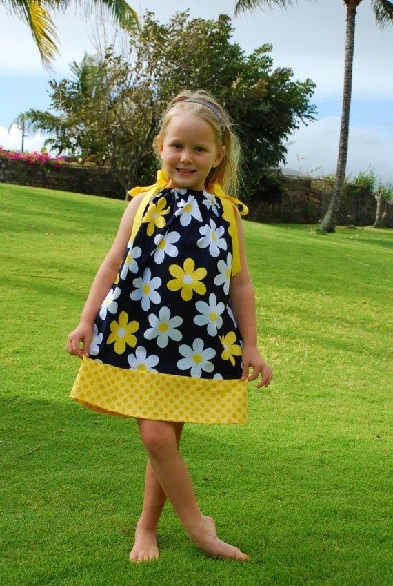 Pillowcase Dress - Pretty Daisies in Navy -  sizes 6 months, 12 months, 18 months, 2t, 3t, 4t, 5t, 6t...by SunLoveShirts