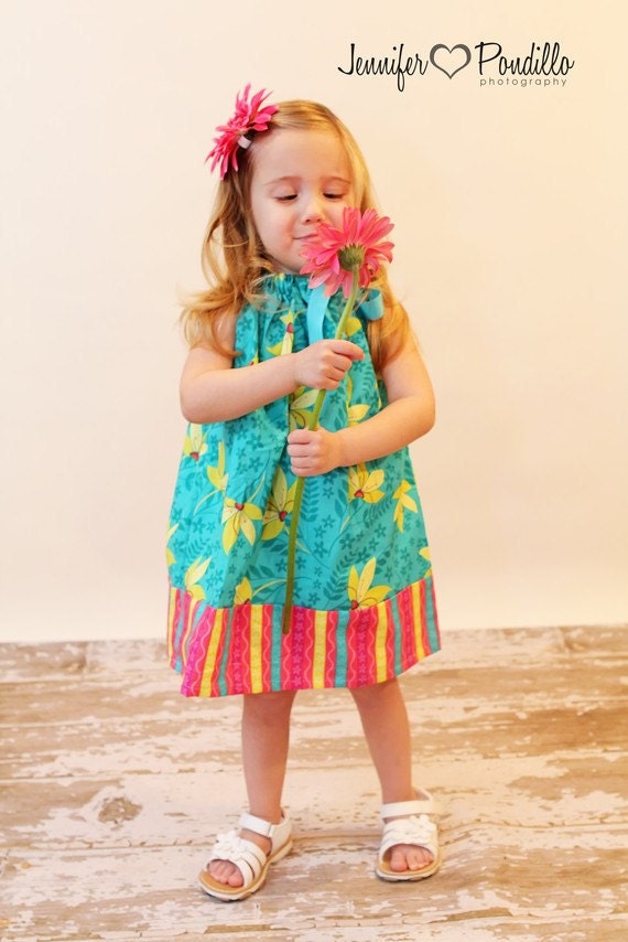 Childrens Pillowcase Dress - Turquoise Aloha Flower - sizes 6 months, 12 months, 18 months, 2t, 3t, 4t, 5t, 6t...by SunLoveShirts