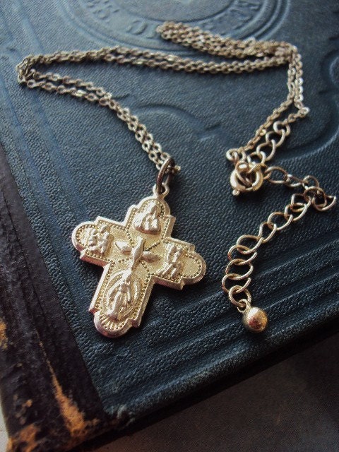 Vintage Rosary Necklace Cross Pendant Silver Plate over Copper