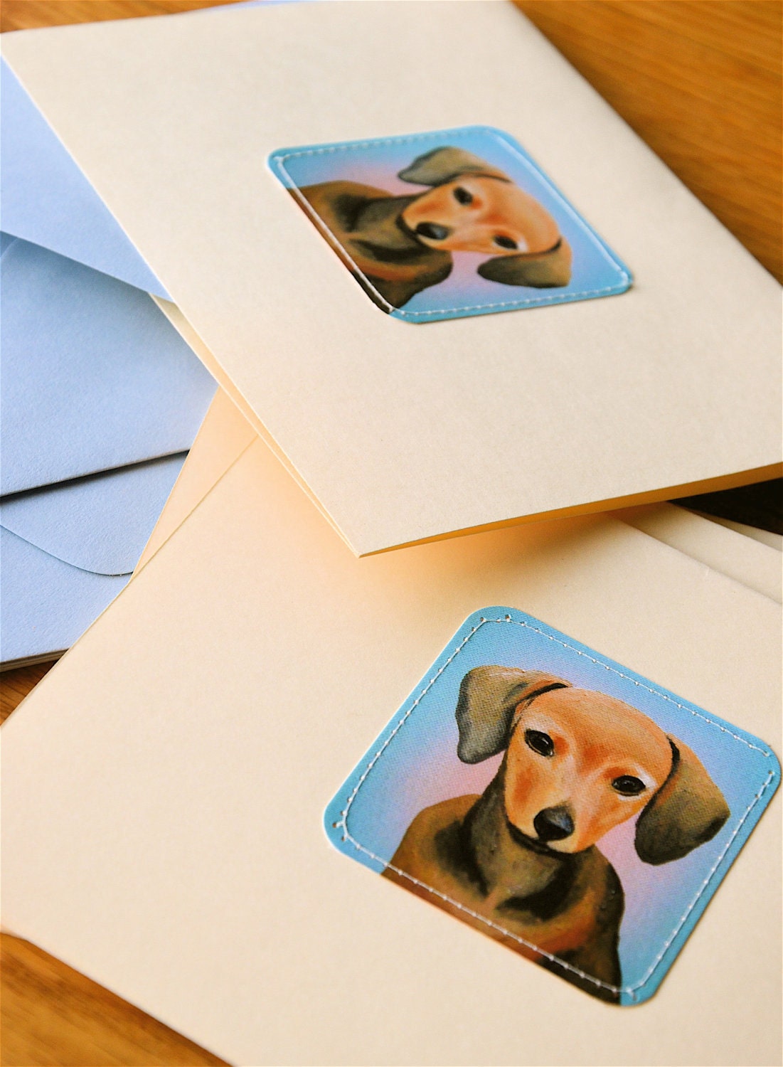 Greeting card SET of 5 with original painted pet portrait sewn onto cards