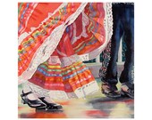 Dancers Fine Art - Mexican Painting Watercolor Print - Men Women Kids - Feet Art, Shoe Art, Ruffled Skirt in Art, Bright Colors Red 12 x 12