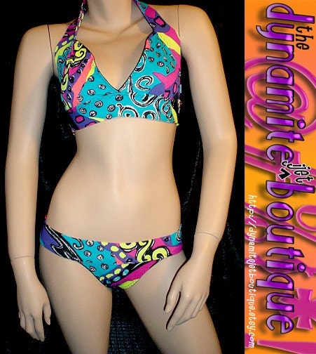 Kawaii retro bikini plung support halter/low rise bold fruIts jpop grafx XS S M