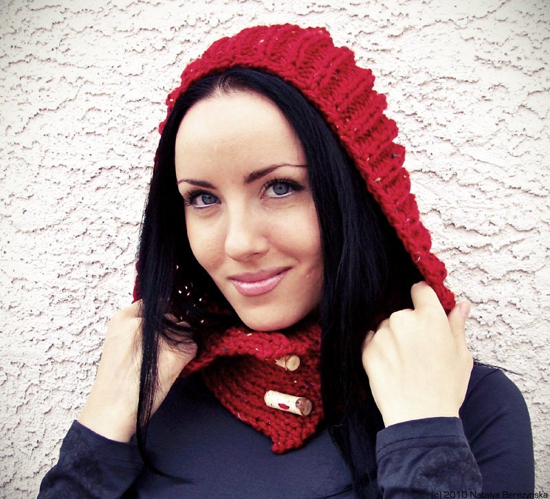 Red Hooded Scarf - Knit Hood Scarf - Scarf Hood - Knitted Hood - Pixie Hood - Cranberry Red Ruby Red, Little Red Riding Hood