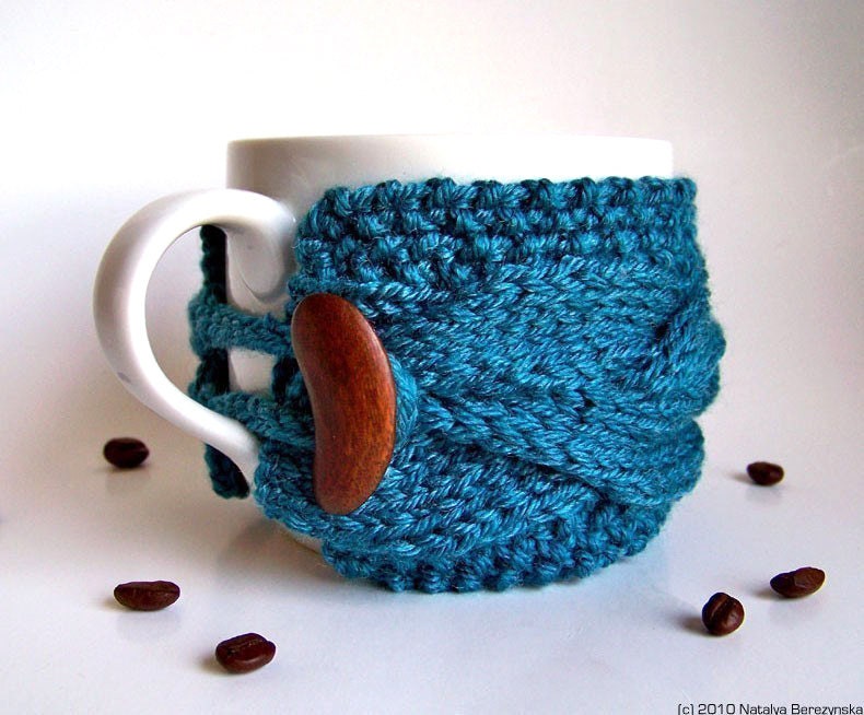 Teal Cup Cozy, Blue Mug Cozy, Coffee Cozy Sleeve, Tea Cup Cozy - Peacock Beach Nautical Water  Summer Aqua - Fathers Day Gift