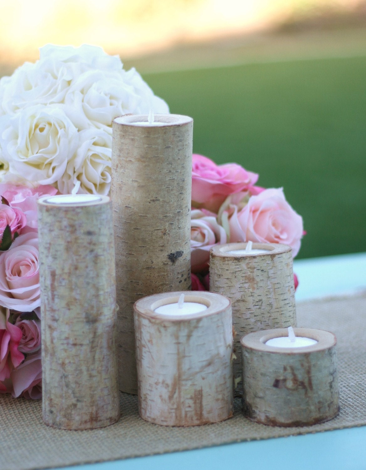 5 pc SET Centerpiece Birch Bark Log Votive Tea Light Candle Holders (item M10498)