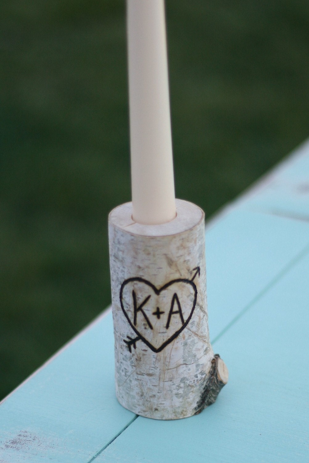 Birch Bark Log Taper Candle Holder Custom Engraved With Your Initials
