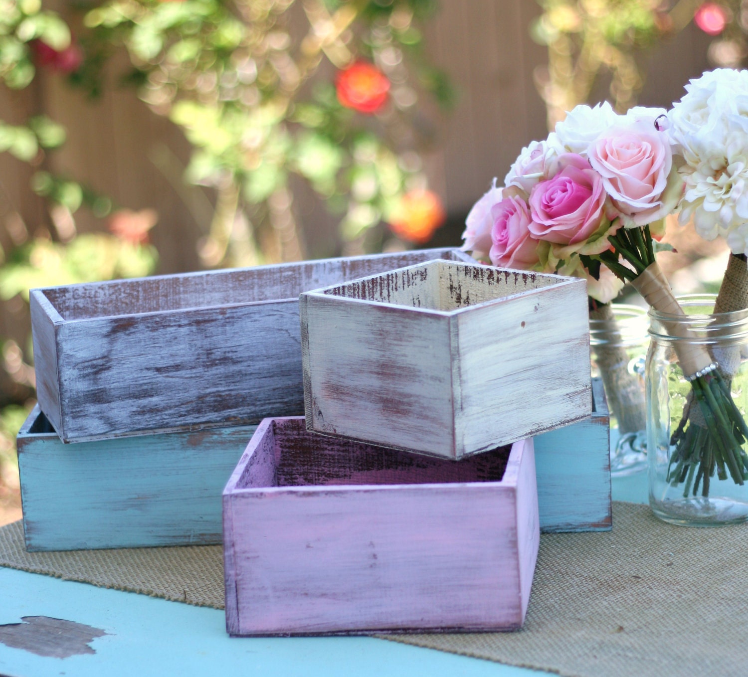 Set Of 4 Distressed Barn Wood Style Planter Vase Boxes (item P10430)