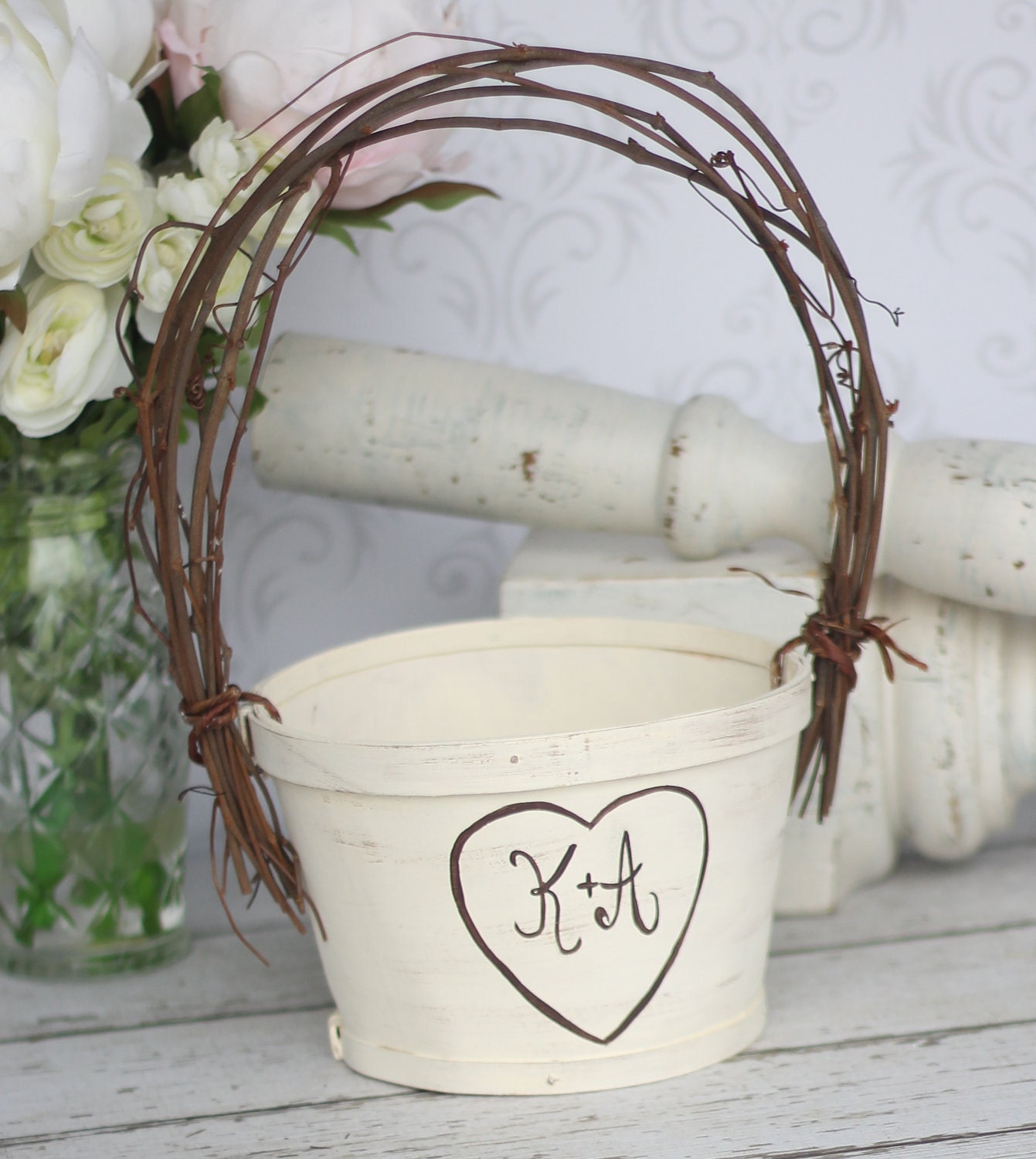 Personalized Flower Girl Basket Shabby Chic Wedding Rustic Decor (item P10611)