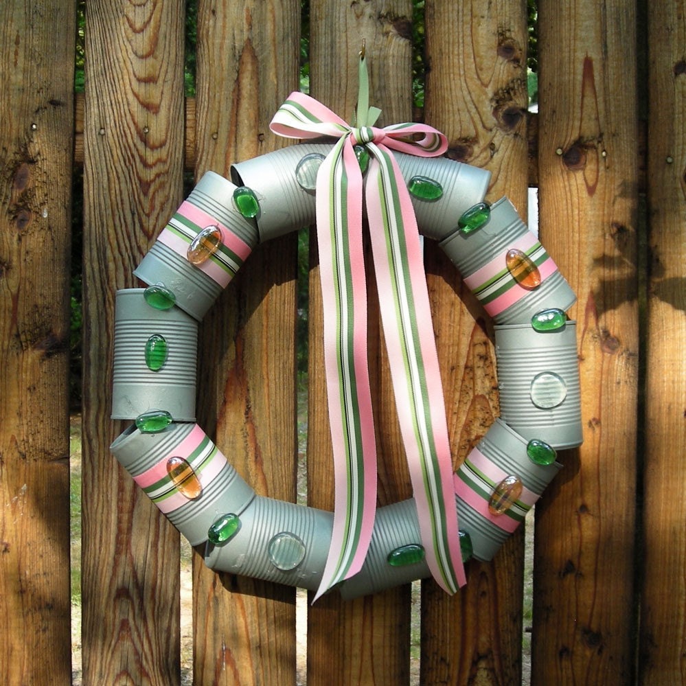 Cantastic Gray Wreath from Recycled Cans - Door Wreath - Pink and Green Ribbon