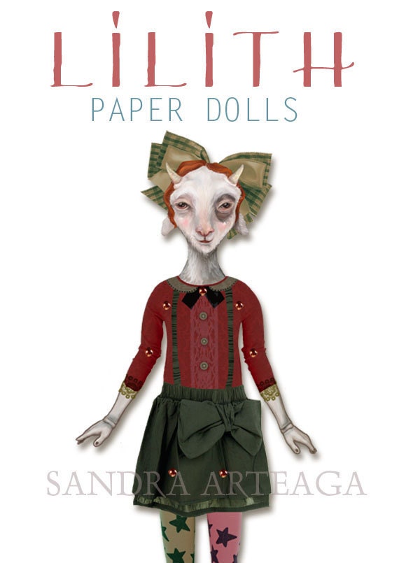 Lilith  - articulated PAPER DOLL -  16.5  x 11  inches - anthropomorphic goat fantasy fairy tale creature freak drawing circus carnival