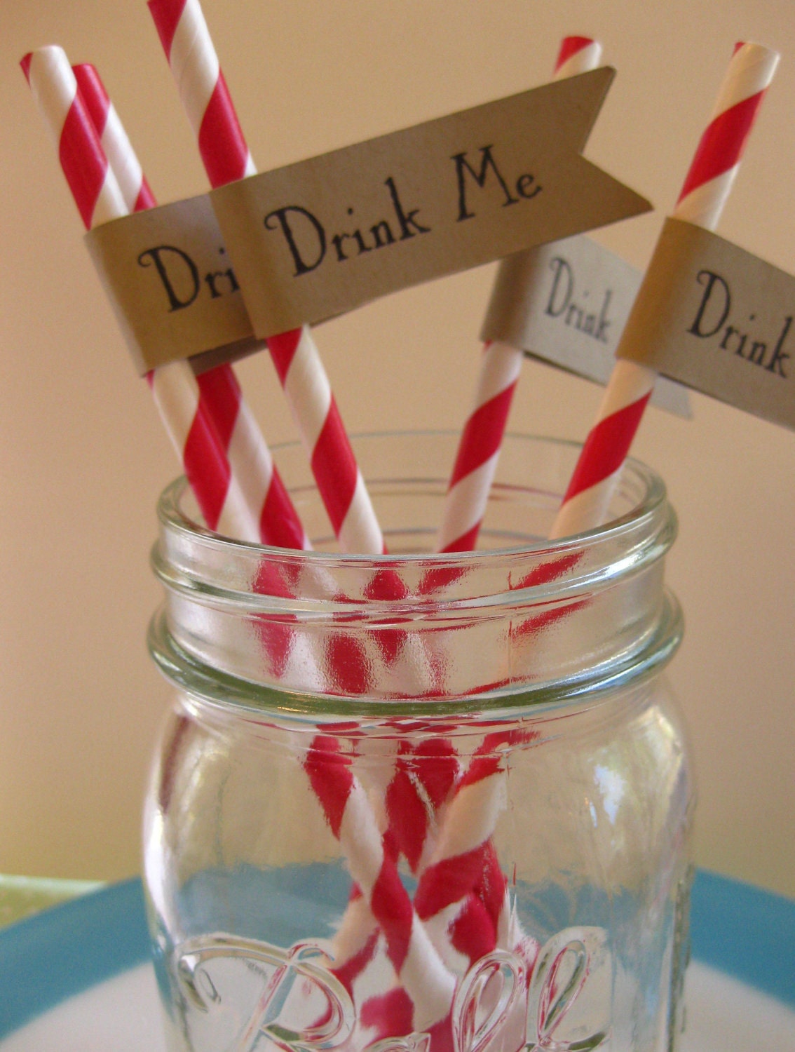 25 Drink Me Banner Red and White Straws Alice In Wonderland