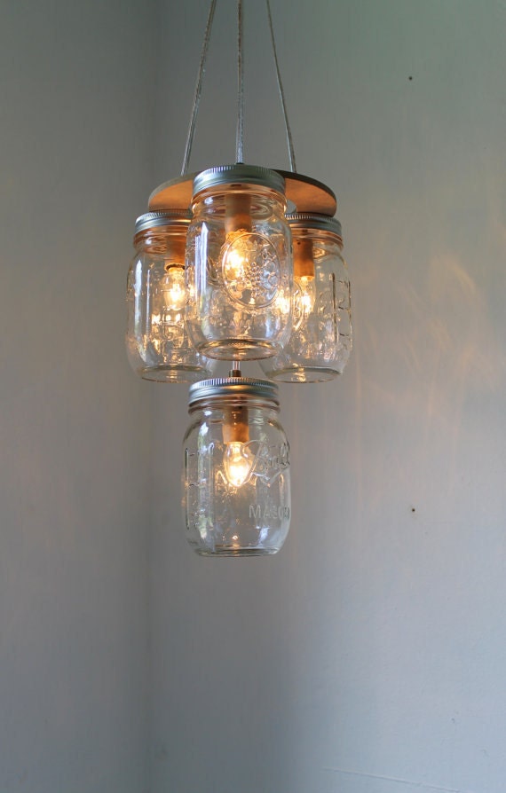 2 Tier Mason Jar Chandelier Lighting Fixture - Modern Industiral Swag - Handcrafted Upcycled BootsNGus Hanging Pendant Lamp Design
