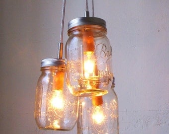 Summer Splendor Mason Jar Chandelier Hanging Pendant Light - Rustic Wedding Upcycled Lighting - BootsNGus Lamp Design