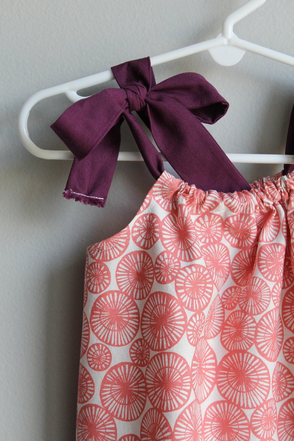 2T-3T  Girls Pillowcase dress : Sarah Watts, Coral design with deep purple trim