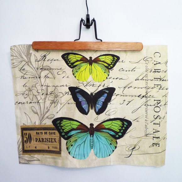 butterfly fabric panel-pillow fabric-linen fabric-pillow panel-butterflies, pillow panel, fabric panel,cottage,decor, french script pillow