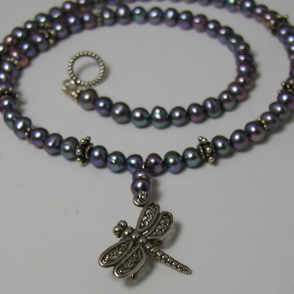 Sterling Silver Dragonfly Pendant Pearl Necklace Blue Purple 17 Inch