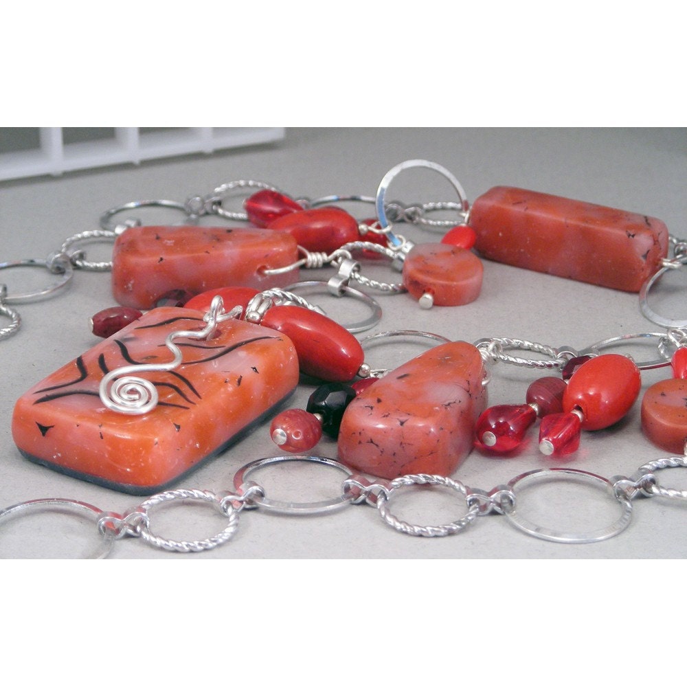 Red Two Strand Silver Chain Statement Necklace - No. 116