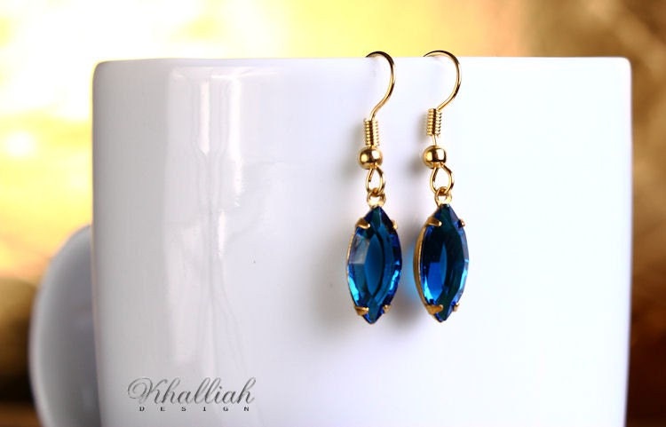 Estate style Capri blue navette glass surgical steel hypoallergenic dangle earrings READY to ship (358) - Flat rate shipping