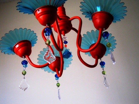 Sale Orange and Aqua Custom 5 arm chandelier MADE TO ORDER