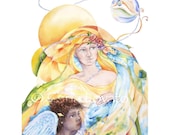 Goddess Art Mother Earth Painting Watercolor - Giclee Print  - Angel Mother Child Celestial Woman