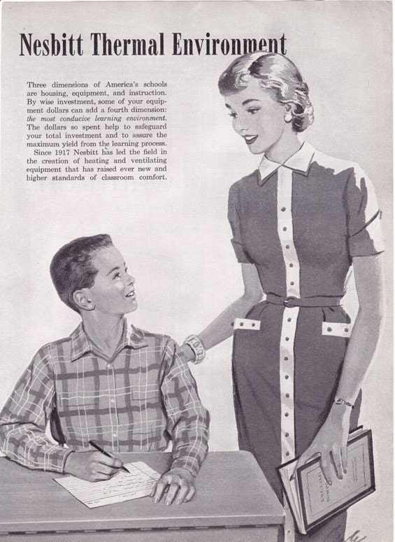 Vintage ad with Teacher and Student illustration Nesbitt Thermal Environment school Mad Men era - Free U.S. shipping