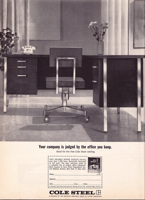 Vintage ad Cole Steel office furniture early 1960s modern desk chair Mad Men - Free U.S. shipping