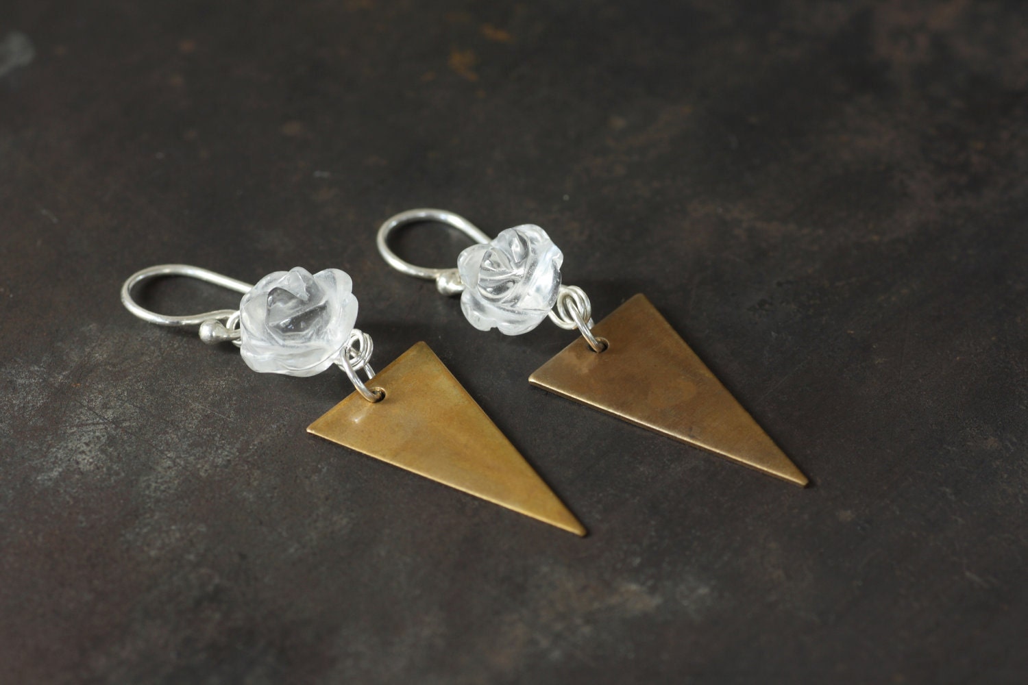 Variation on a Theme - Brass Triangle Drop Earrings with Carved Rock Crystal Rose