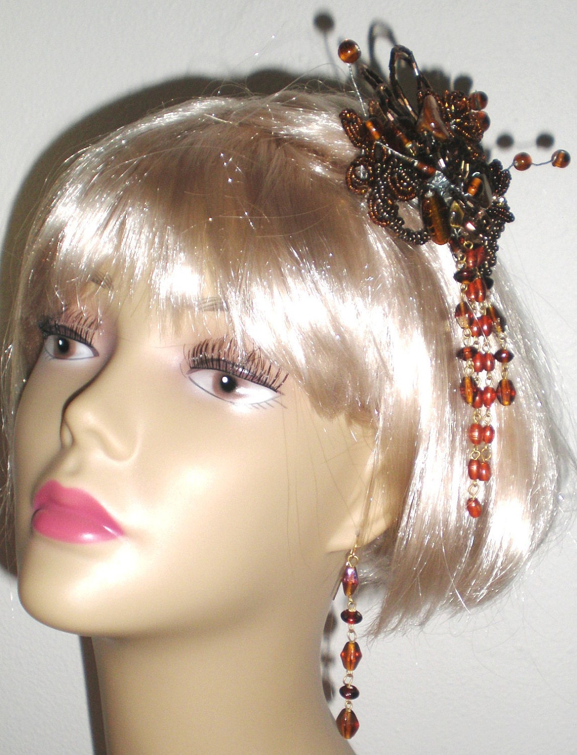 Vintage Hair Jewelry Clip Dangle Earrings Amber Glass Beaded Fascinator Browns an Copper Statement
