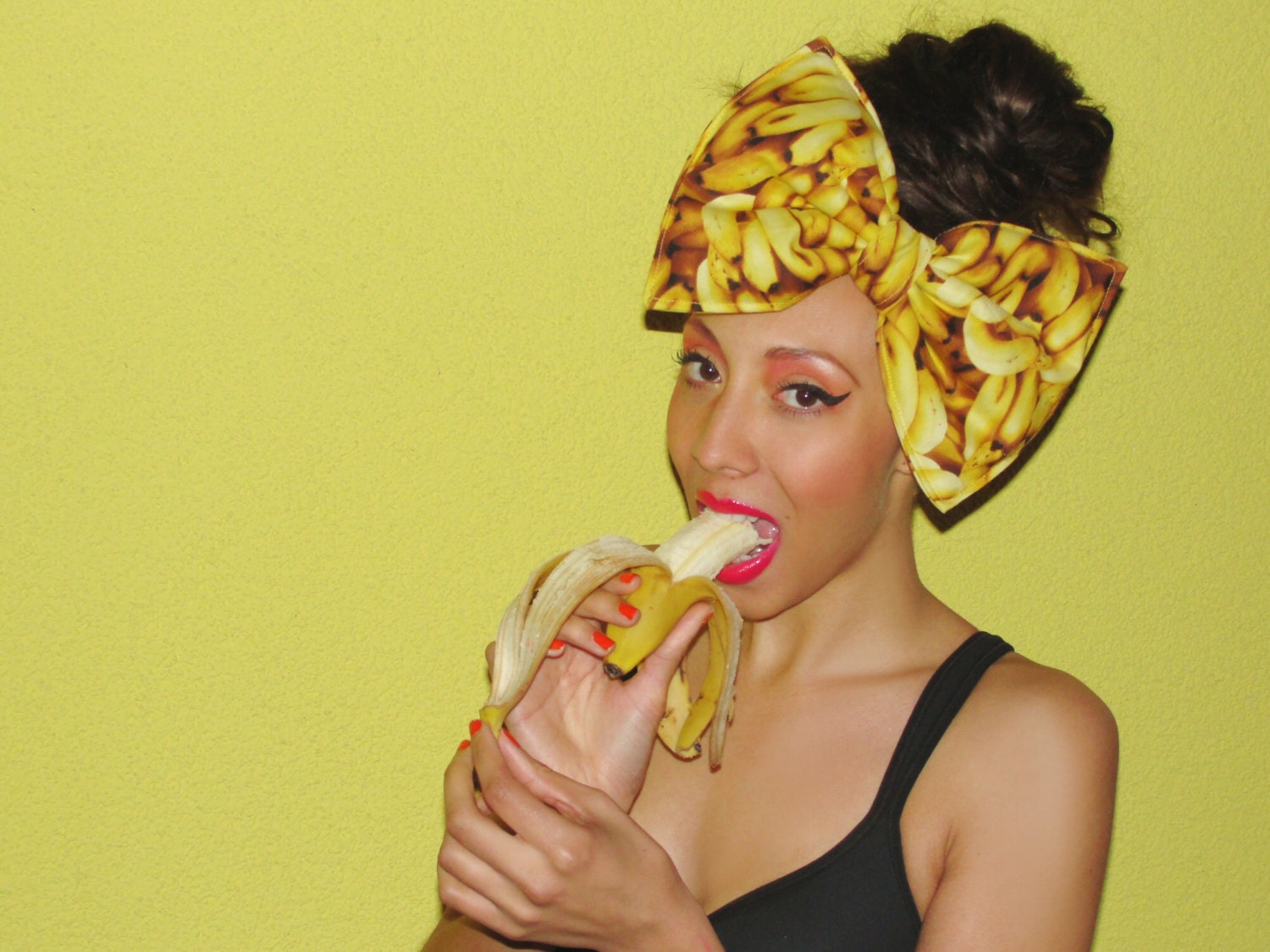 Yellow organic 100% cotton banana print hair bow fascinator headband or comb