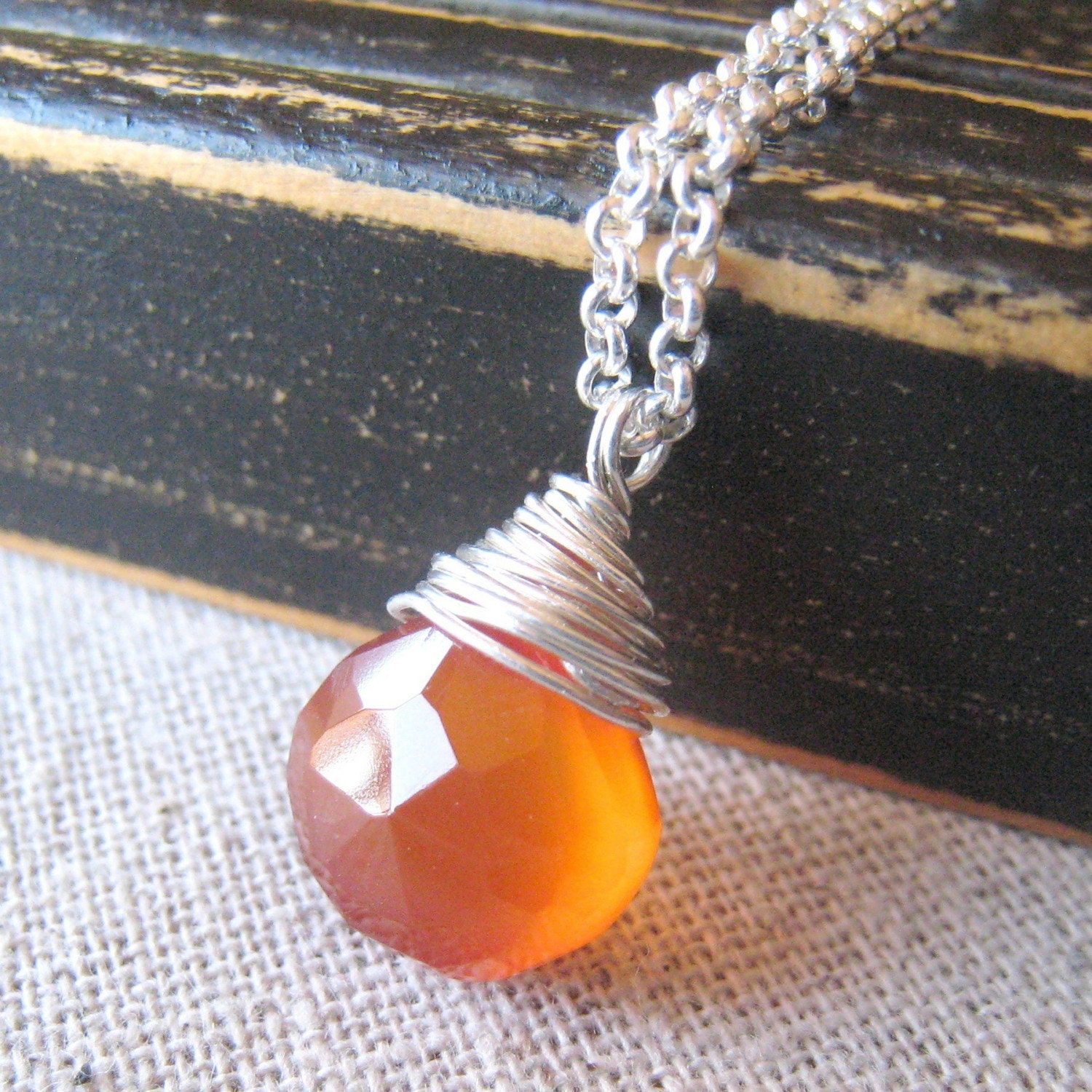 Orange Necklace, Wire Wrapped Chalcedony Sterling Silver Necklace  - Harvest Moon