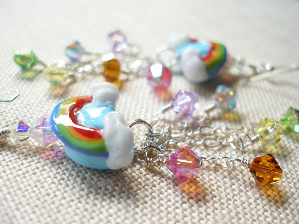 Rainbow  Earrings with Chained Rainbow Austrian Crystals