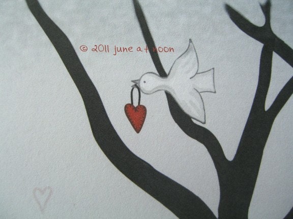 Unexpected, 8 x 10 illustration print, bird flying with heart, forest, tree, love, romance