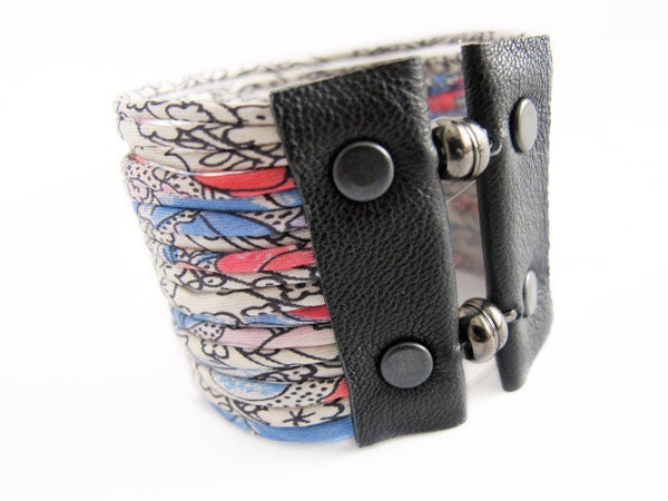 Fabric Cuff Bracelet - Multi Strand Recycled Vintage Scarf and Leather - size M - Snappy Cuff