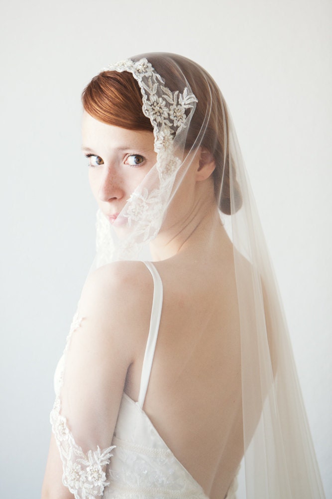 Mantilla Veil, Chapel Length, Lace Veil - Everlasting Love - Made to Order