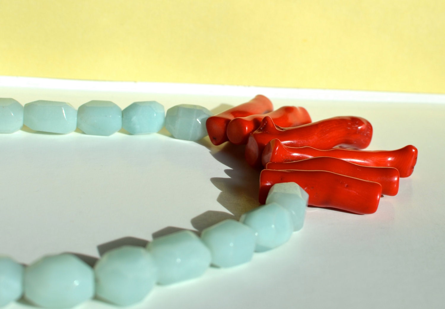 Red Coral and Aquamarine  Chunky Necklace