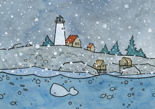 Snowy Lighthouse Print with Whale 8x10