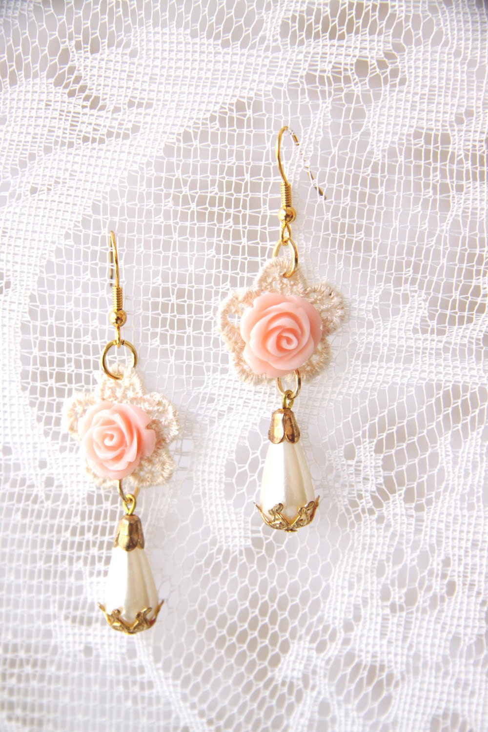 Lace earrings with a pink rose - bridal earrings - blush wedding