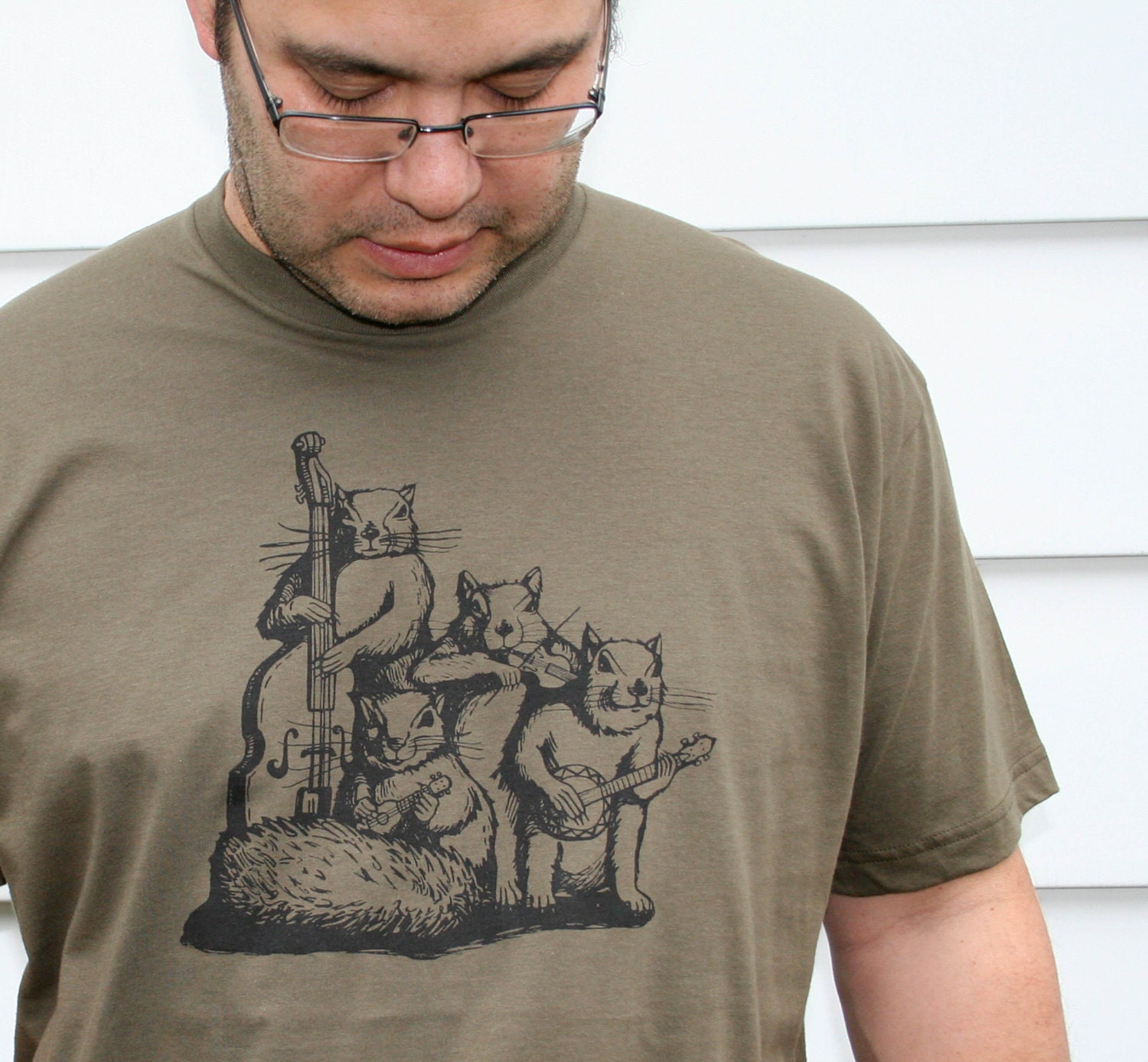 Squirrel Blue Grass Band Design on American Apparel Army Green Tee for Men