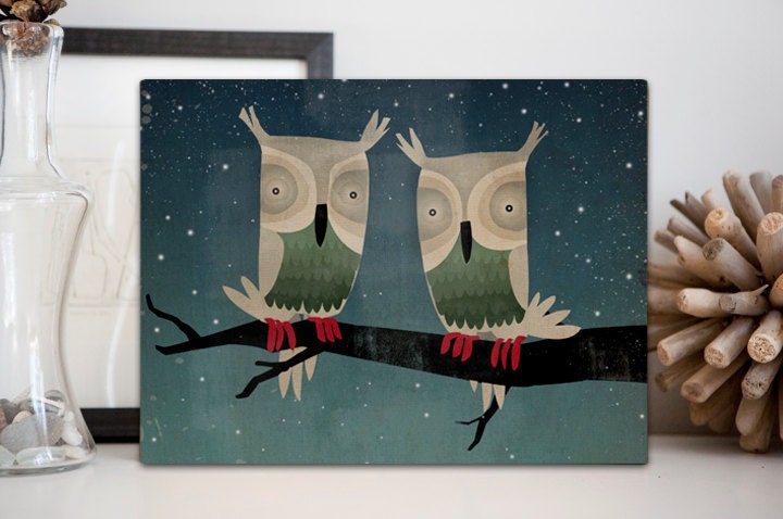 Starry Night Owls  Forest Woodland Owl Illustration on gallery wrapped Canvas 9x12x1.5 Signed