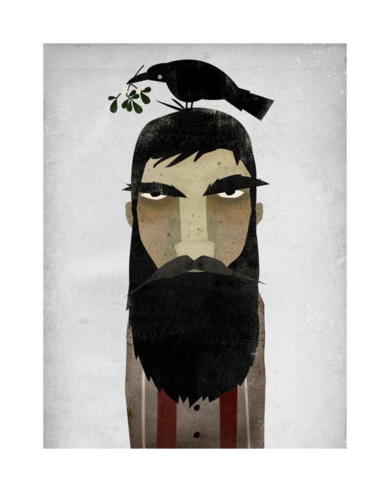 Lumberjack, Crow, and Mistletoe GRAPHIC ART Giclee print 7x9 inches SIGNED