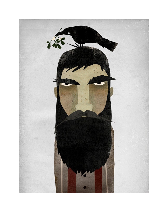 Lumberjack, Crow, and Mistletoe GRAPHIC ART Giclee print 7x9 inches SIGNED