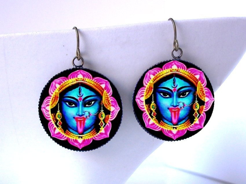Boho Tribal Dangle Earrings Kali Lotus Blossom Jewelry Hindu Power Goddess Under 25 Gift for Her