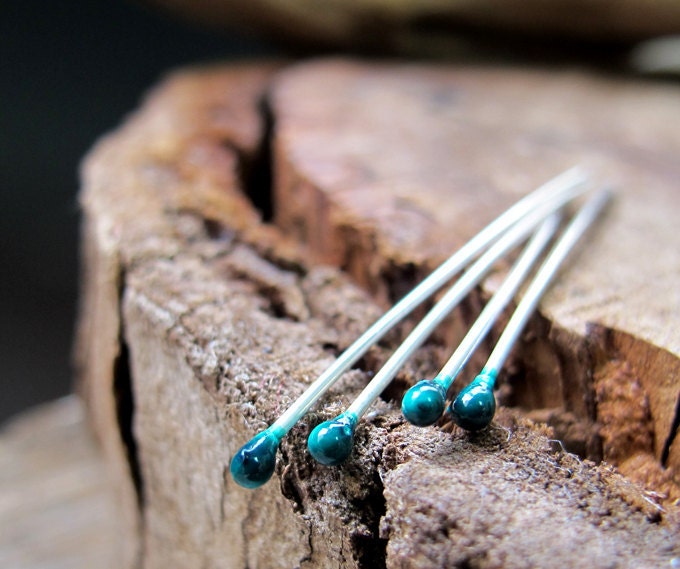 Turquoise Head Sterling Silver Head Pins set. Enamel Ball head 925 silver Headpins. 20 gauge sticks