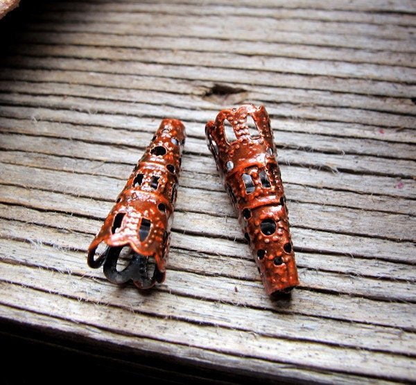 Enamel Fancy Long Bead Caps. Filigree Orange Bead Caps. Pattern Antique Brass Nickel-Free Bead Caps.