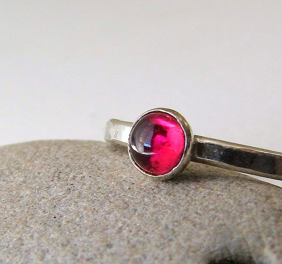 Pink Tourmaline Ring Silver Rubellite Stacking Ring October Birthstone-Raspberry Fuchsia Pink Flambe
