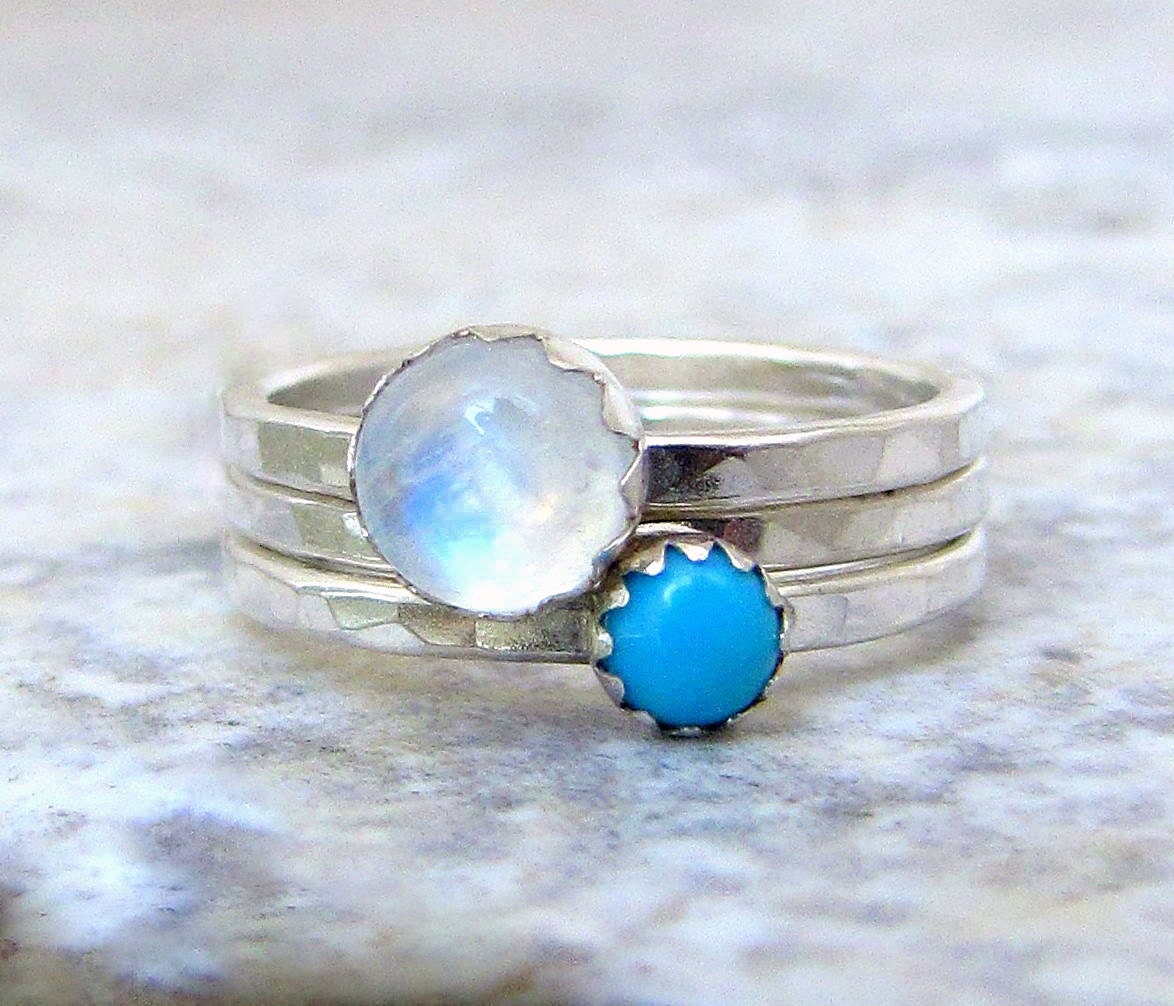 Moonstone Turquoise Rings Silver Stacking Ring Set Silver Birthstone Stacking Rings