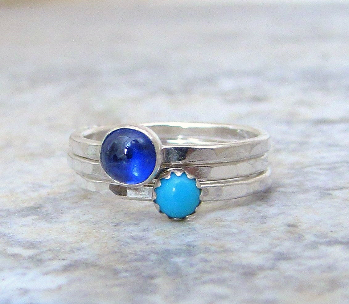 Turquoise Kyanite Ring Stacking Ring Set Silver Stacking Rings