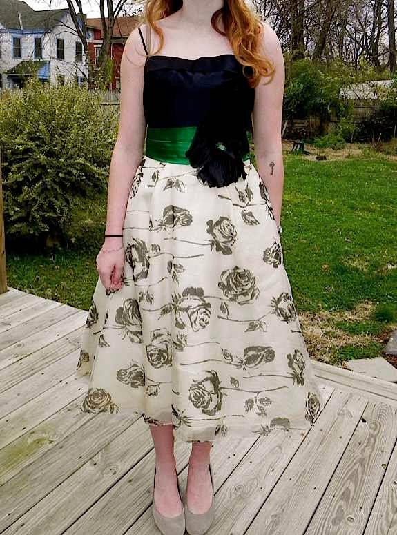 GORGEOUS Vintage 1950s Black and Green Satin Party Dress with Chiffon Rose Print Skirt and Petticoat S M -on sale-